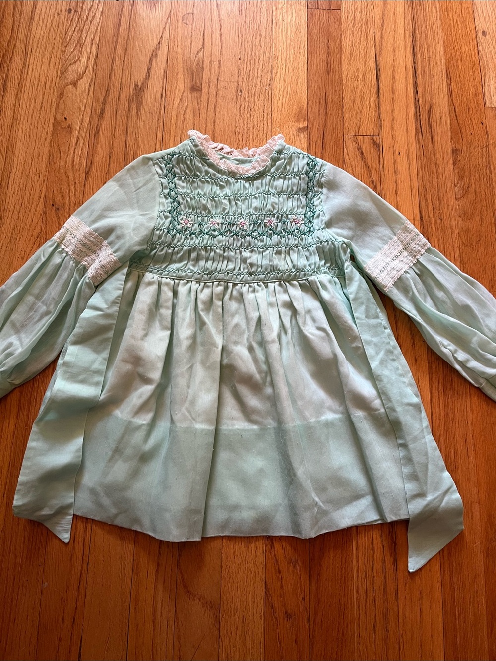 Mint Smocked Long-Sleeve girls dress with floral detail size 2T tie back